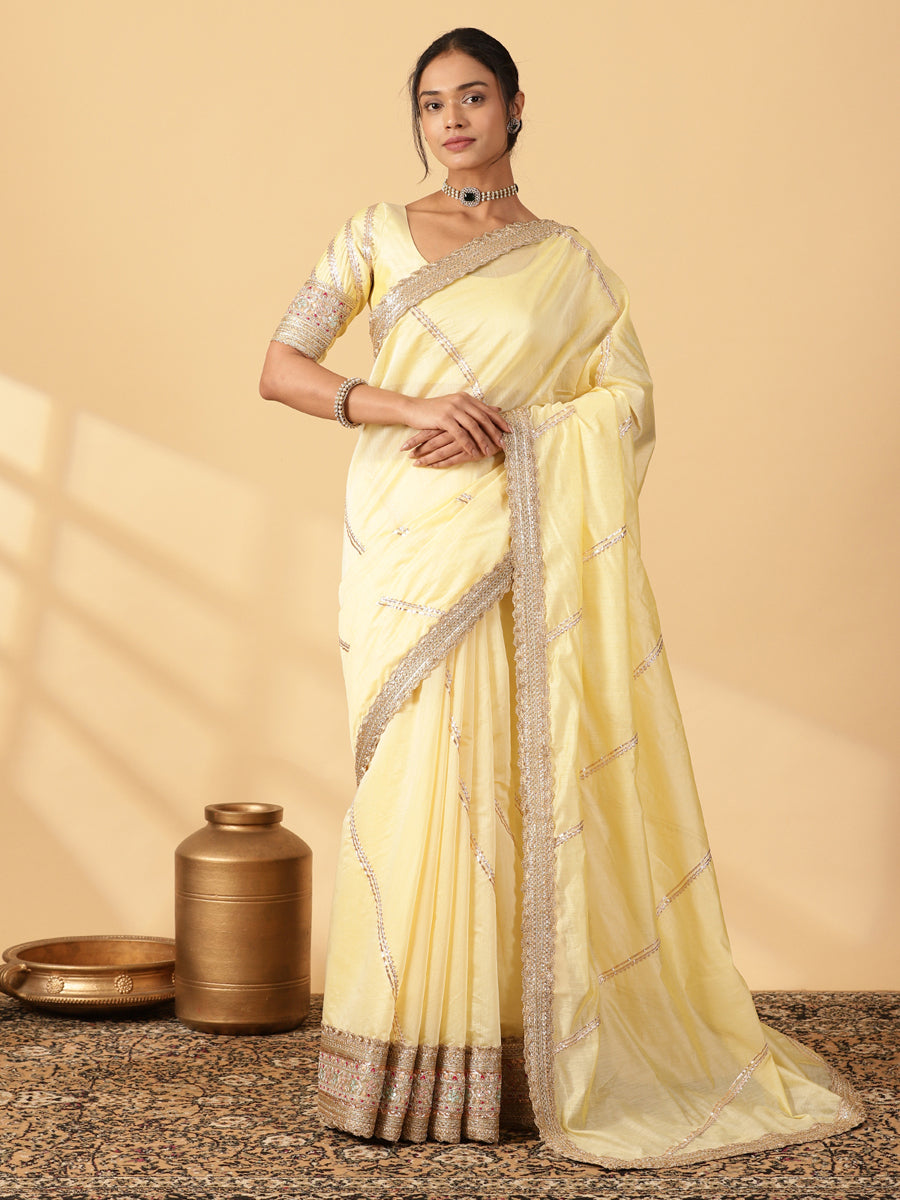 Lemon Yellow Chandheri Heritage Gota Work Saree With Designer Embroidered Lace Work