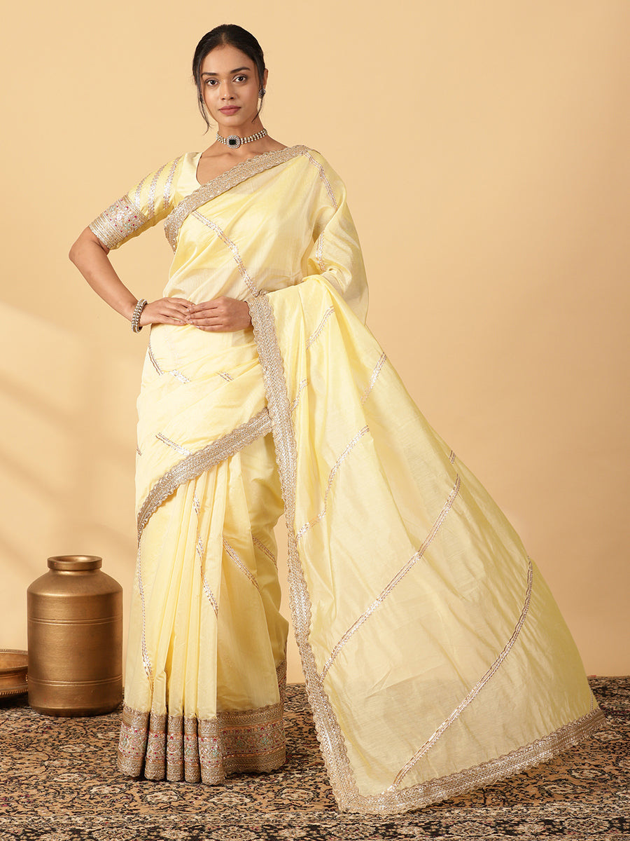 Lemon Yellow Chandheri Heritage Gota Work Saree With Designer Embroidered Lace Work, in Yellow Chandheri (view 3).