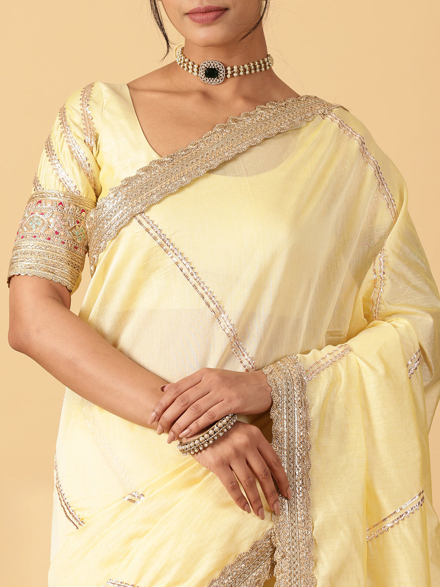 Lemon Yellow Chandheri Heritage Gota Work Saree With Designer Embroidered Lace Work, in Yellow Chandheri (view 4).