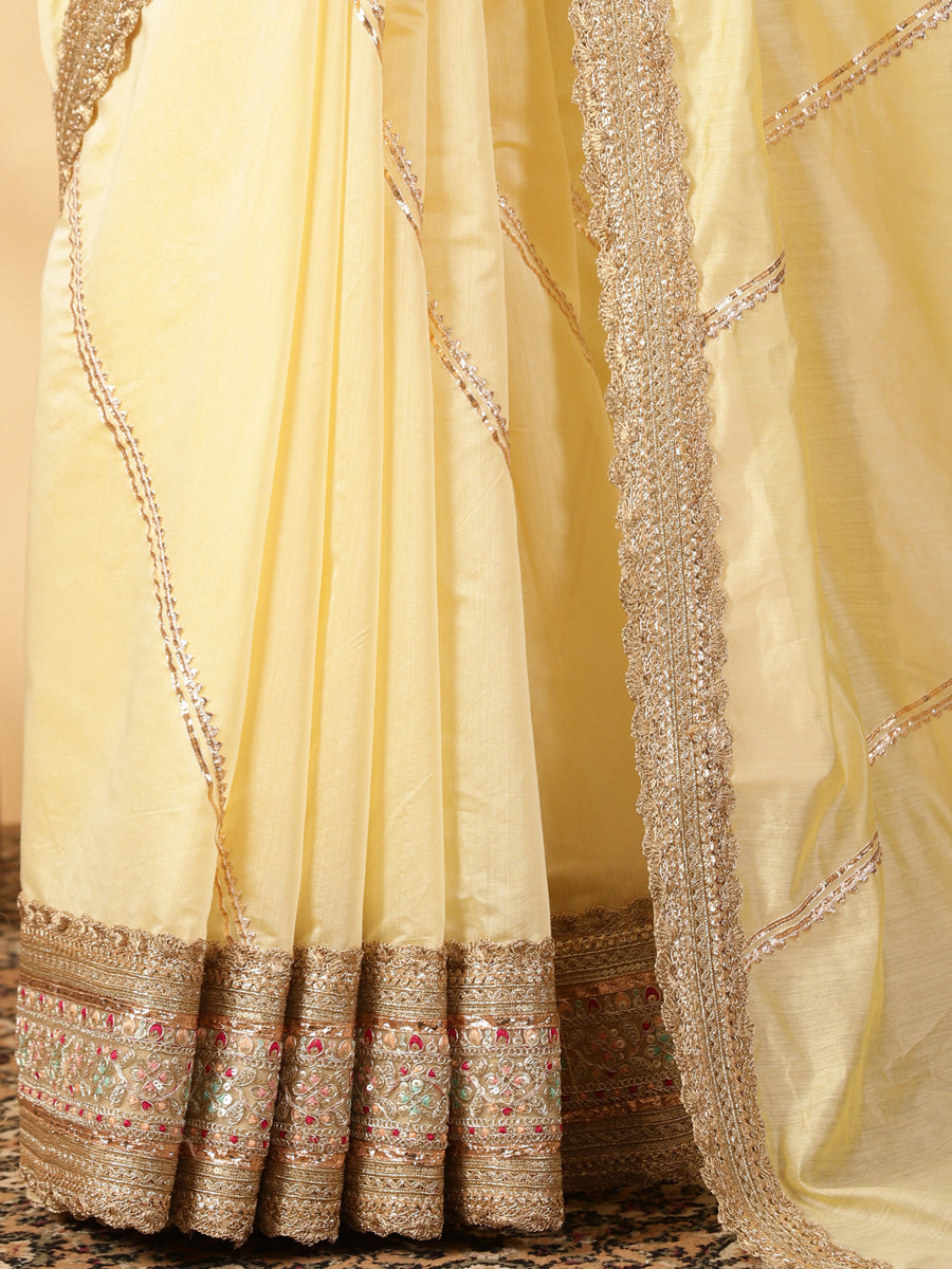 Lemon Yellow Chandheri Heritage Gota Work Saree With Designer Embroidered Lace Work, in Yellow Chandheri (view 5).