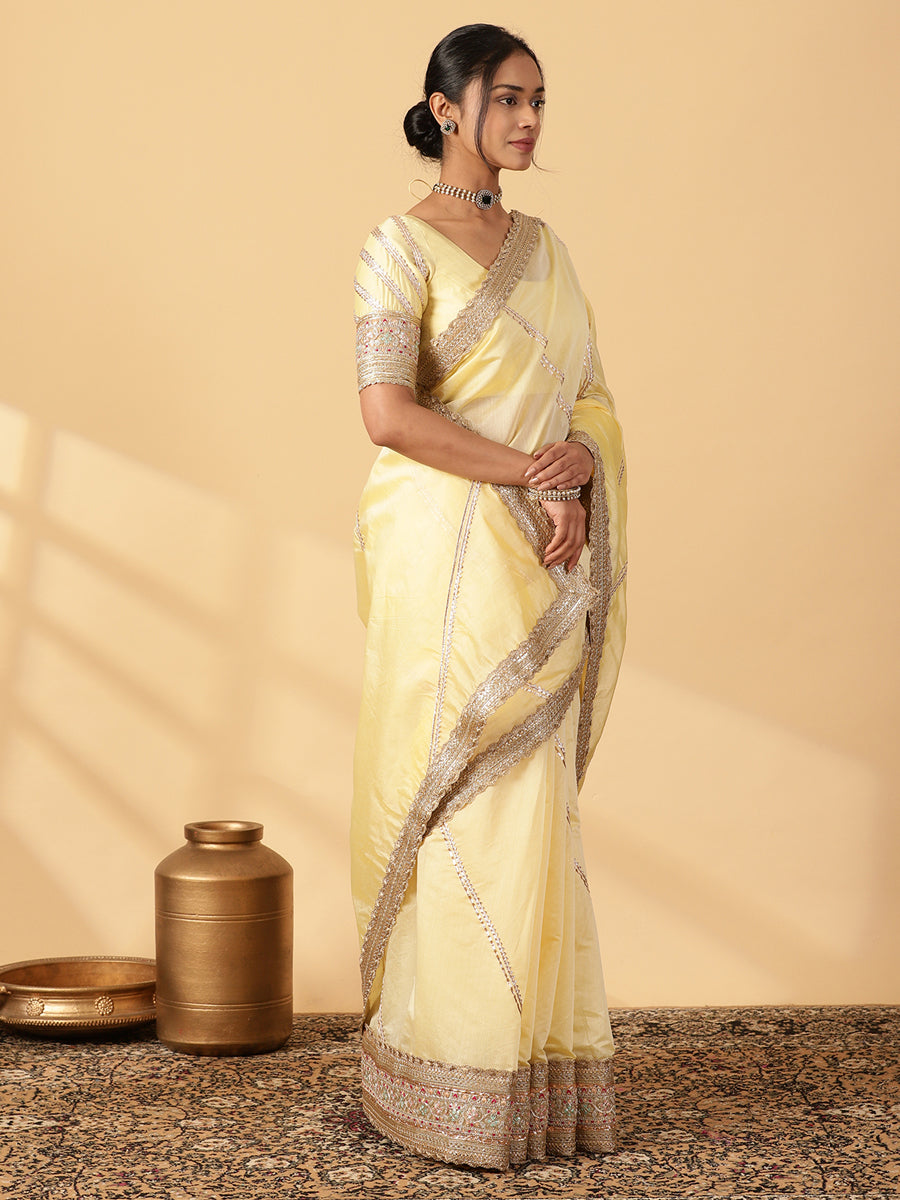 Lemon Yellow Chandheri Heritage Gota Work Saree With Designer Embroidered Lace Work, in Yellow Chandheri (view 7).