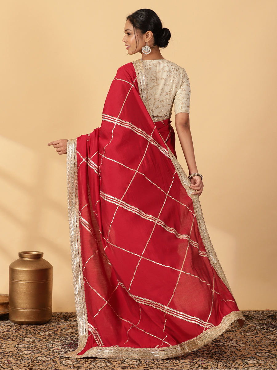 Scarlet Red Viscose Saree With Heritage Gota & Heavy Embroidered Lace Work, in Red 80% Viscose 20% Polyester (view 2).
