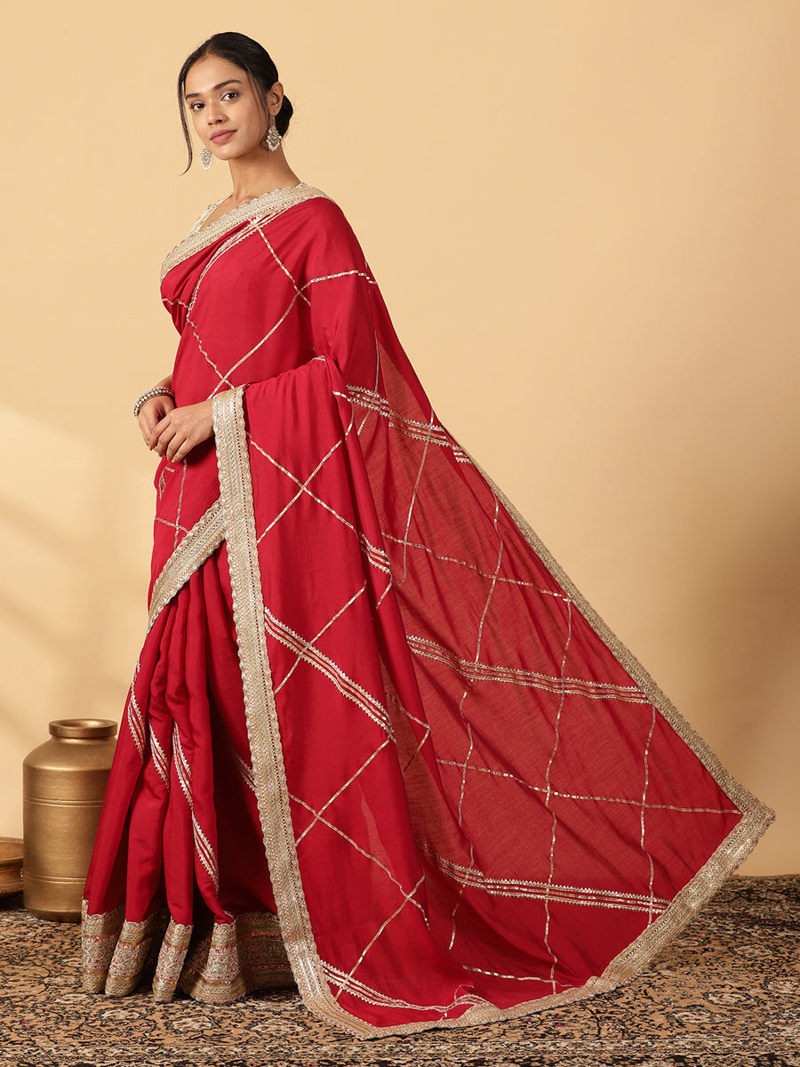 Scarlet Red Viscose Saree With Heritage Gota & Heavy Embroidered Lace Work, in Red 80% Viscose 20% Polyester (view 3).