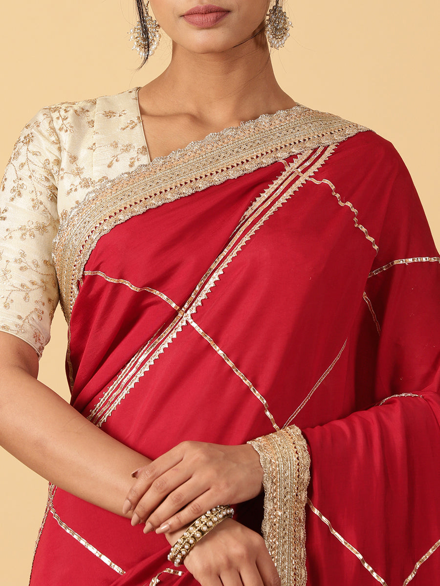 Scarlet Red Viscose Saree With Heritage Gota & Heavy Embroidered Lace Work, in Red 80% Viscose 20% Polyester (view 4).