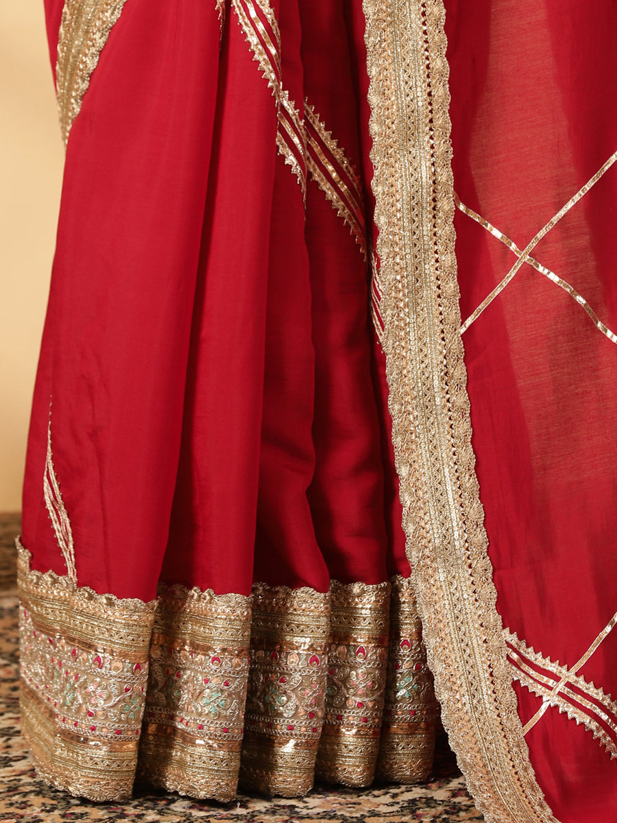 Scarlet Red Viscose Saree With Heritage Gota & Heavy Embroidered Lace Work, in Red 80% Viscose 20% Polyester (view 5).