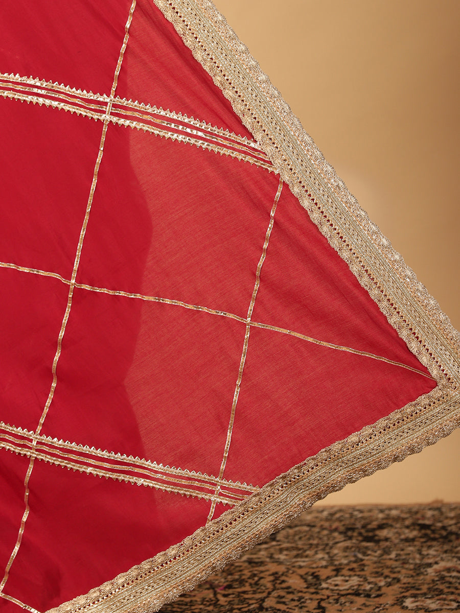Scarlet Red Viscose Saree With Heritage Gota & Heavy Embroidered Lace Work, in Red 80% Viscose 20% Polyester (view 6).