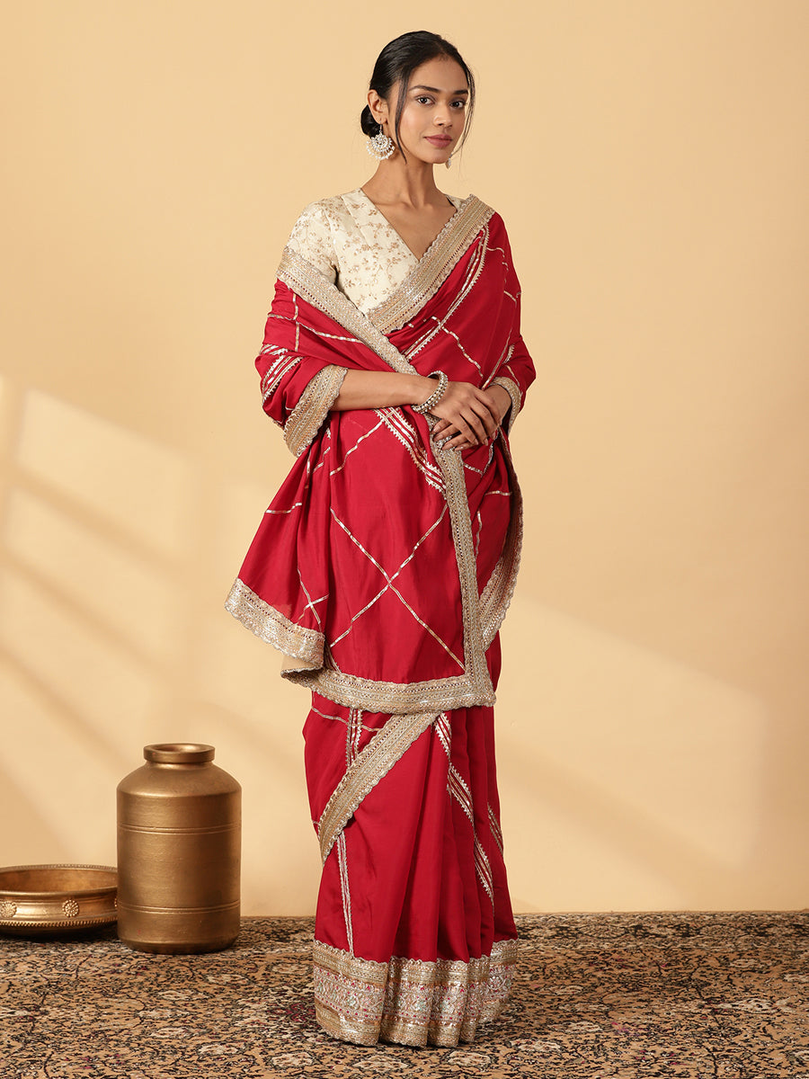 Scarlet Red Viscose Saree With Heritage Gota & Heavy Embroidered Lace Work, in Red 80% Viscose 20% Polyester (view 7).