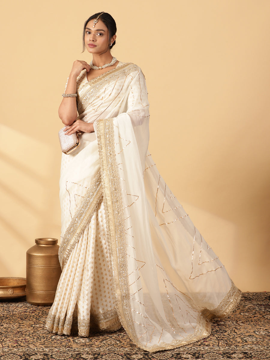 Shvetika Cream Viscose Butta Saree With Organza Pallu & Hand Gota Work, in White Viscose Satin Butta & Viscose Organza (view 3).