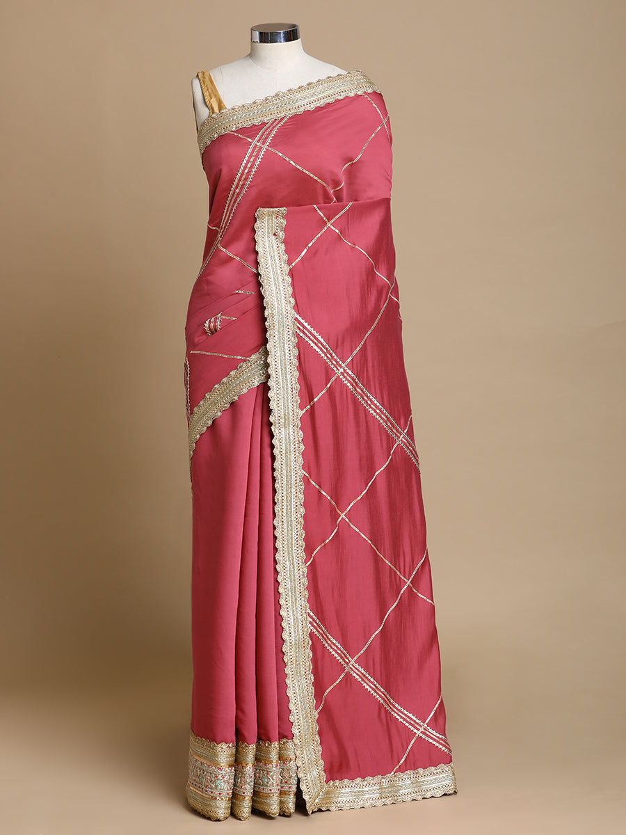 Vrishti x Tyohaar | Rose Pink Viscose Saree With Heritage Gotta Work & Designer Embroidered Lace