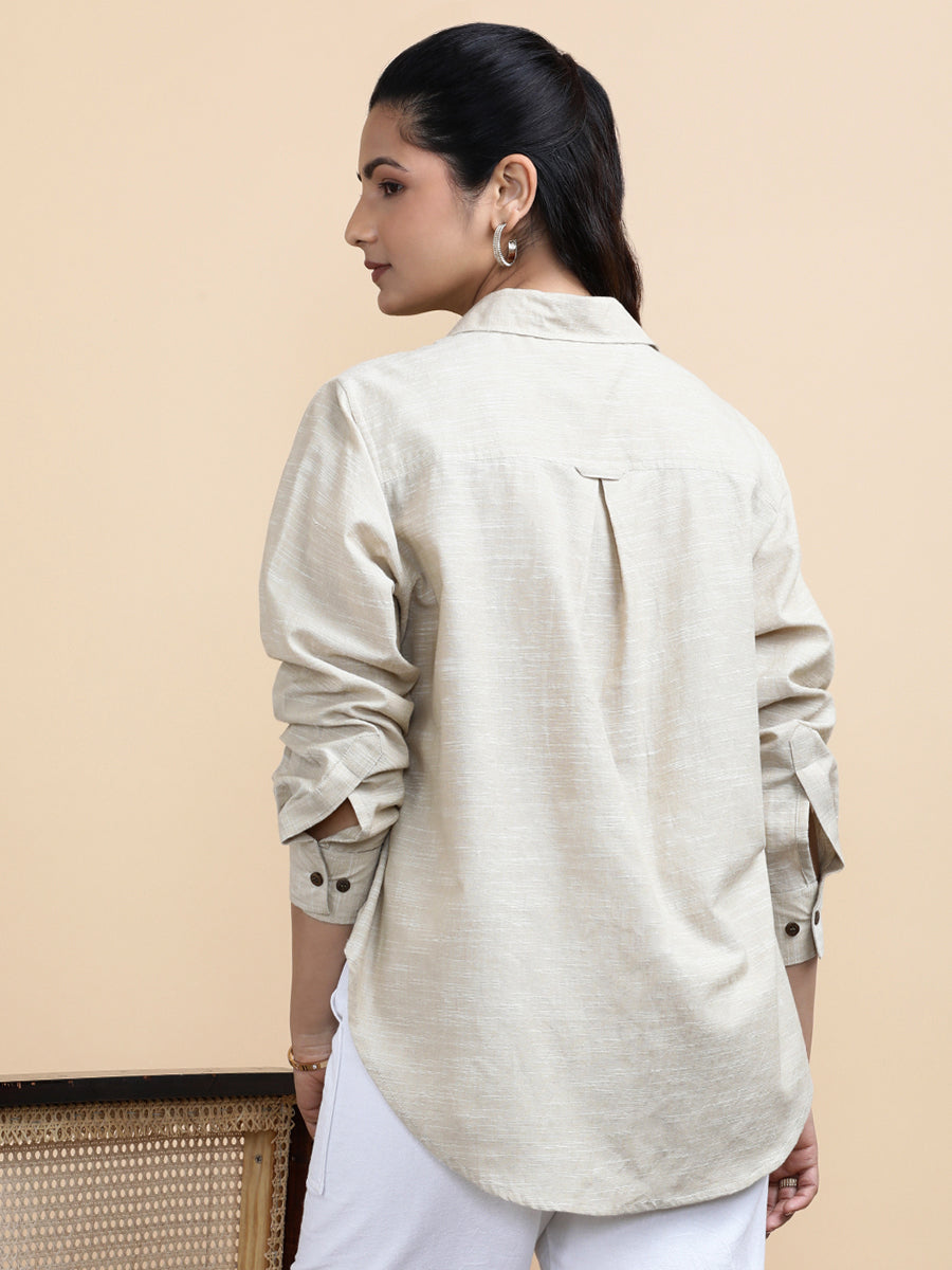 Abby x Soma Shirt, in Beige 100% Pure Handloom Khadi Cotton, featuring full sleeves and regular collar neckline (view 2).