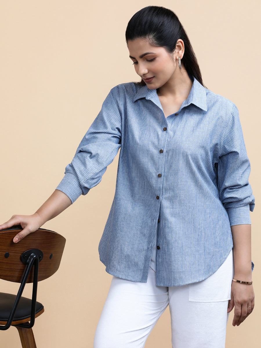 Ava x Soma Shirt, in Blue 100% Pure Handloom Khadi Cotton, featuring full sleeves and regular collar neckline (view 3).