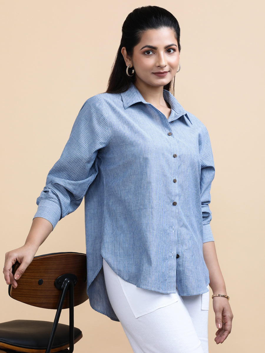 Ava x Soma Shirt, in Blue 100% Pure Handloom Khadi Cotton, featuring full sleeves and regular collar neckline (view 4).