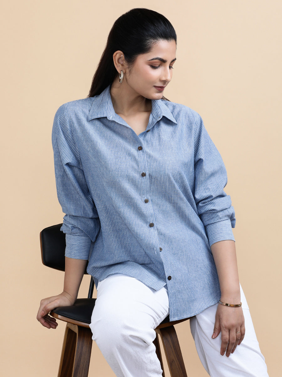 Ava x Soma Shirt, in Blue 100% Pure Handloom Khadi Cotton, featuring full sleeves and regular collar neckline (view 5).