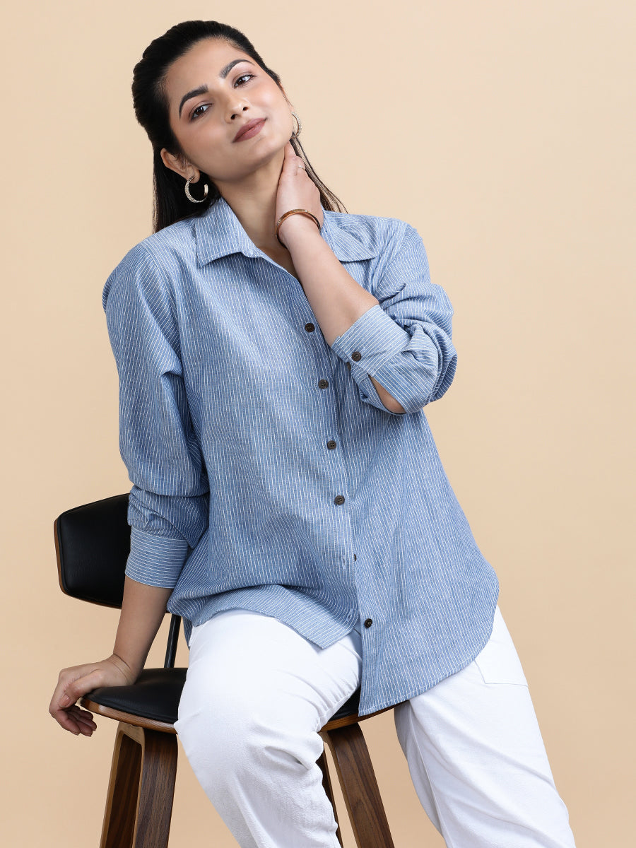 Ava x Soma Shirt, in Blue 100% Pure Handloom Khadi Cotton, featuring full sleeves and regular collar neckline (view 6).