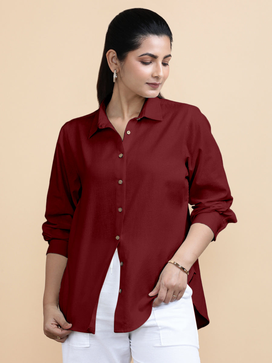Cecilia x Soma Shirt, in Red 70% Cotton 30% Linen, featuring full sleeves and regular collar neckline, made for daily & work.