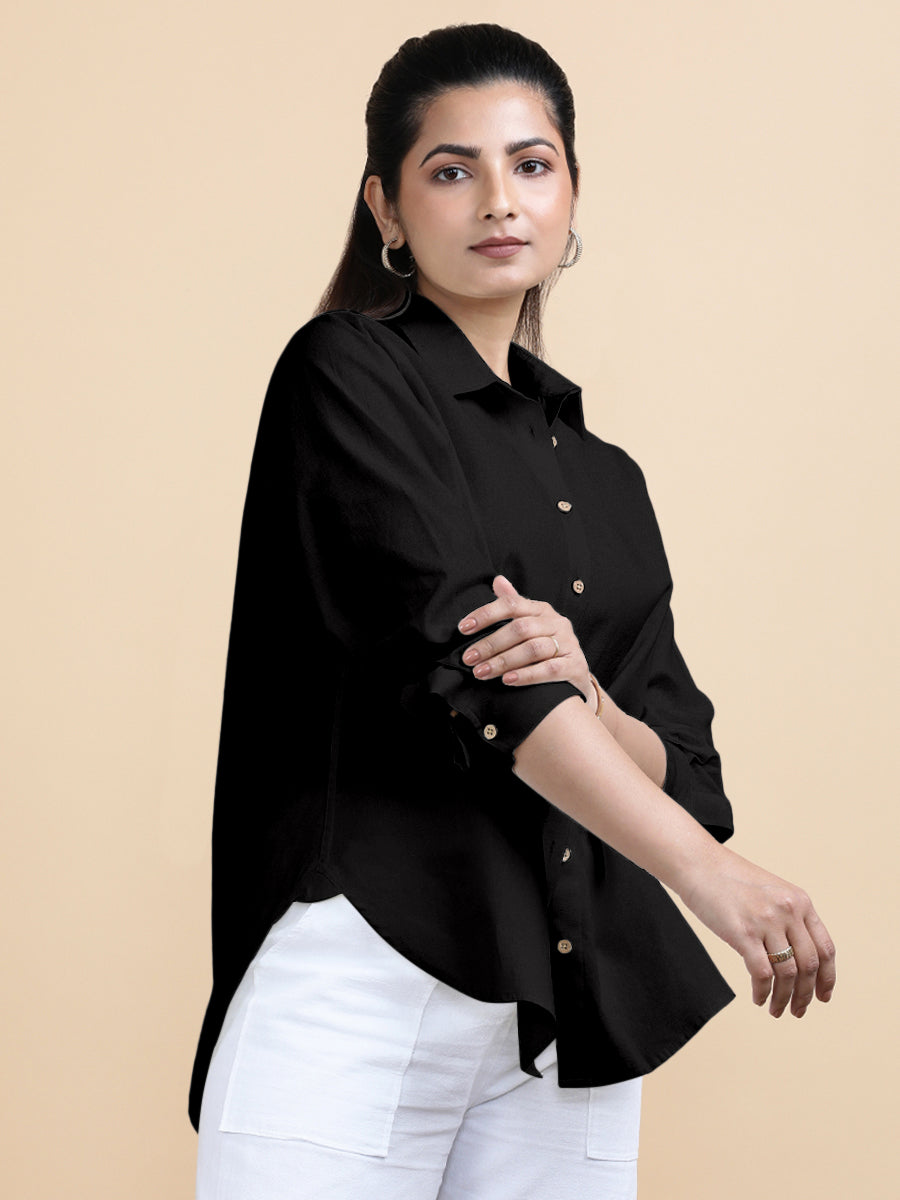 Cecilia x Soma Shirt, in Black 70% Cotton 30% Linen, featuring full sleeves and regular collar neckline.