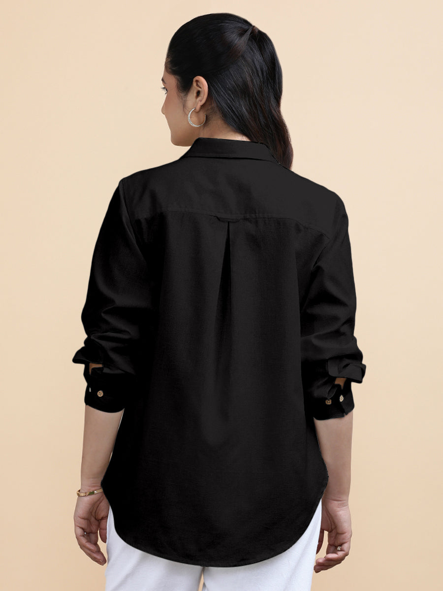 Cecilia x Soma Shirt, in Black 70% Cotton 30% Linen, featuring full sleeves and regular collar neckline (view 2).