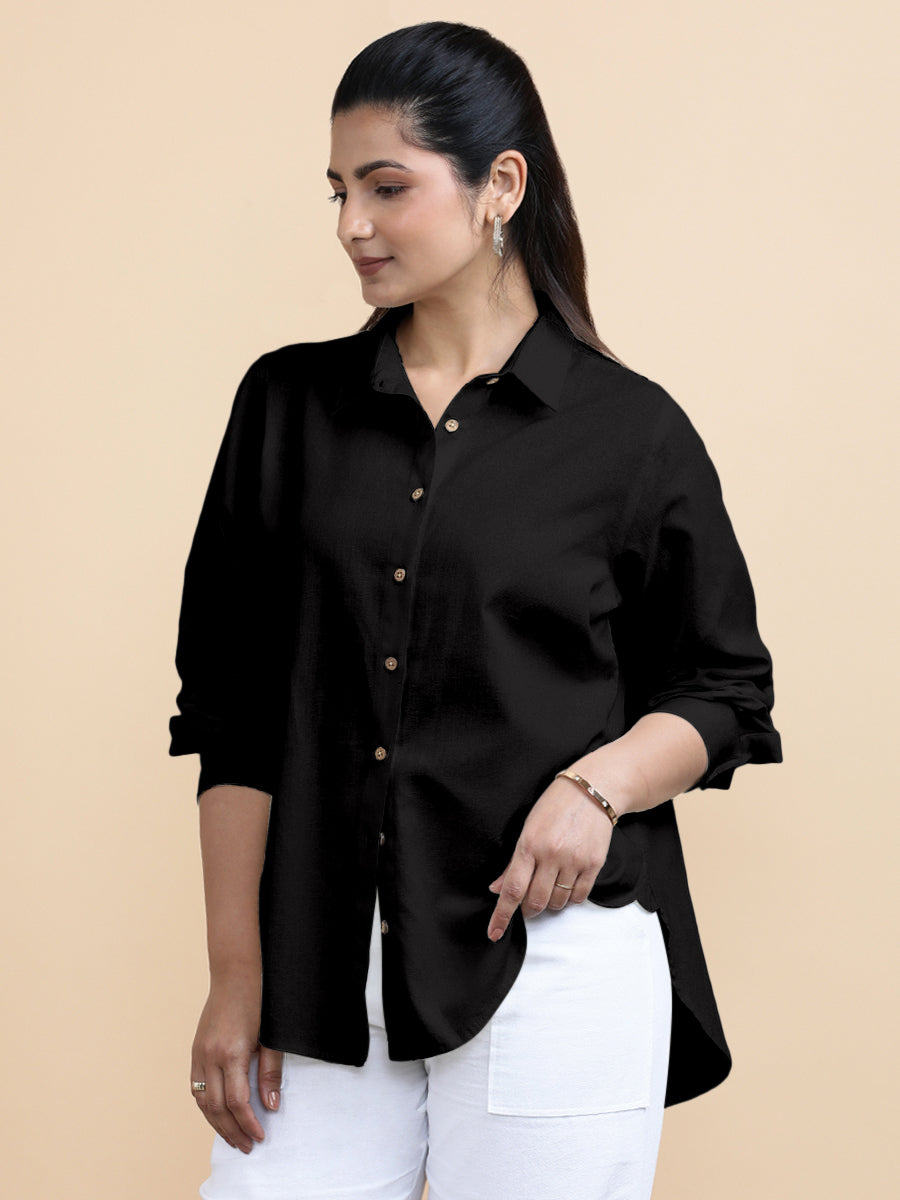 Cecilia x Soma Shirt, in Black 70% Cotton 30% Linen, featuring full sleeves and regular collar neckline (view 7).