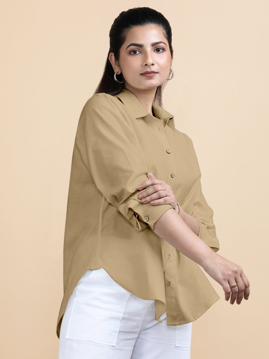 Cecilia x Soma Shirt, in Beige 70% Cotton 30% Linen, featuring full sleeves and regular collar neckline (view 7).
