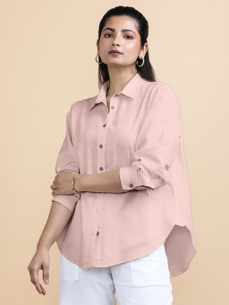 Cecilia x Soma Shirt, in Pink 70% Cotton 30% Linen, featuring full sleeves and regular collar neckline (view 4).