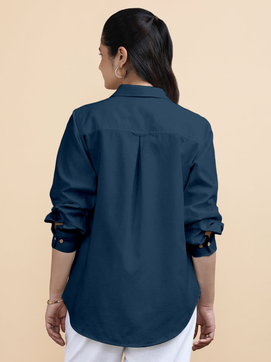 Cecilia x Soma Shirt, in Blue 70% Cotton 30% Linen, featuring full sleeves and regular collar neckline (view 2).