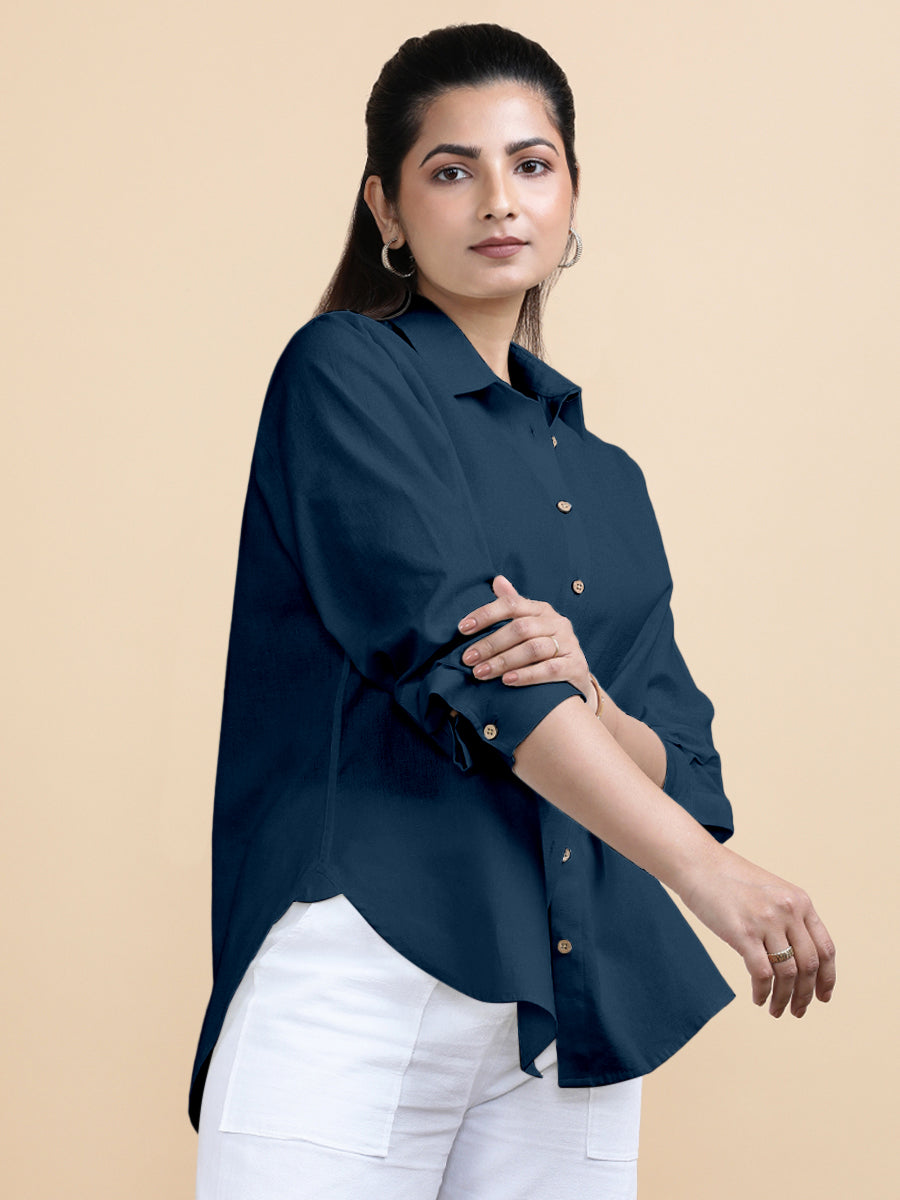 Cecilia x Soma Shirt, in Blue 70% Cotton 30% Linen, featuring full sleeves and regular collar neckline (view 7).