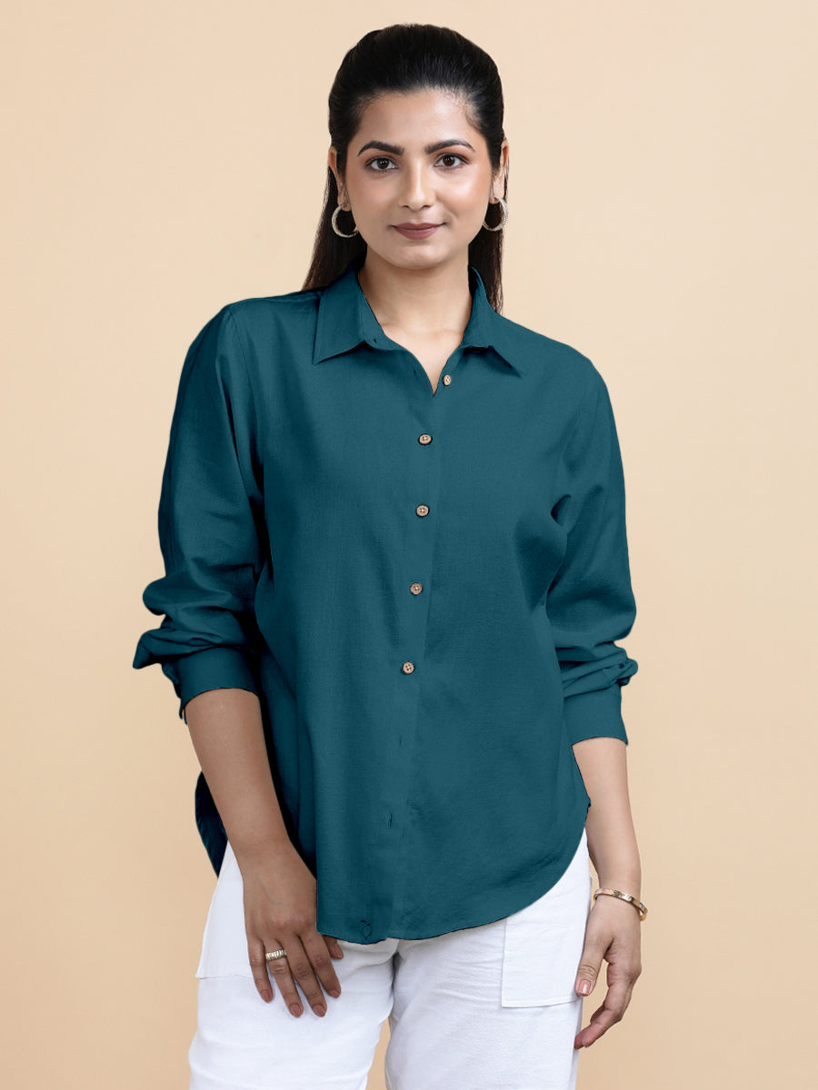 Cecilia x Soma Shirt, in Blue 70% Cotton 30% Linen, featuring full sleeves and regular collar neckline.