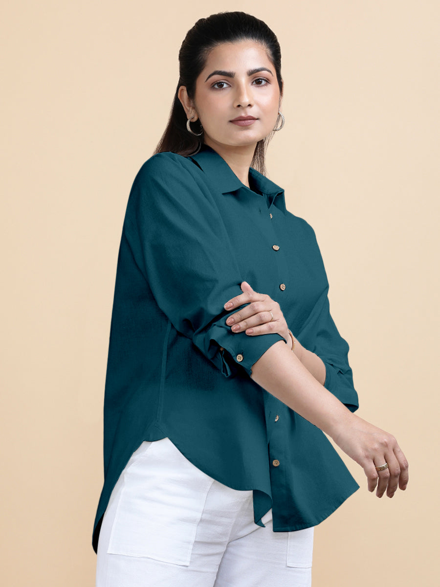 Cecilia x Soma Shirt, in Blue 70% Cotton 30% Linen, featuring full sleeves and regular collar neckline (view 7).