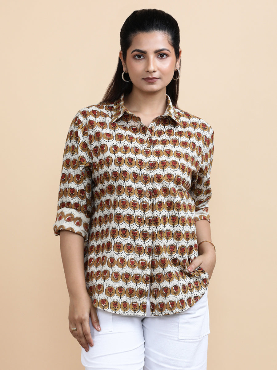 Gabrielle x Soma Shirt, in Cream 100% Cotton, featuring full sleeves and regular collar neckline, made for daily & work.