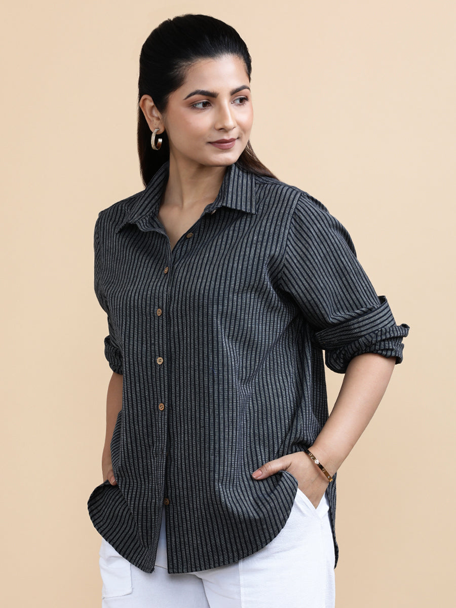 Harper x Soma Shirt, in Black 100% Pure Handloom Khadi Cotton, featuring full sleeves and regular collar neckline (view 3).