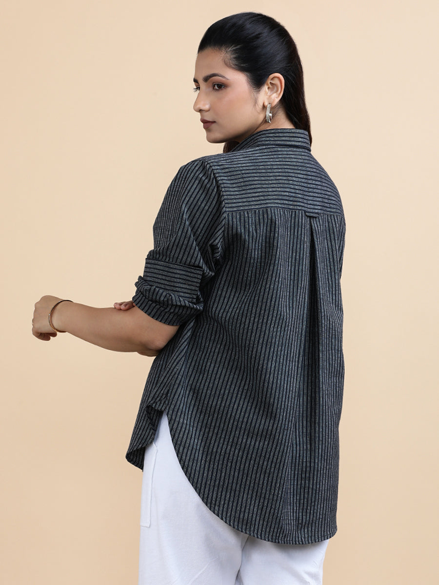 Harper x Soma Shirt, in Black 100% Pure Handloom Khadi Cotton, featuring full sleeves and regular collar neckline (view 4).