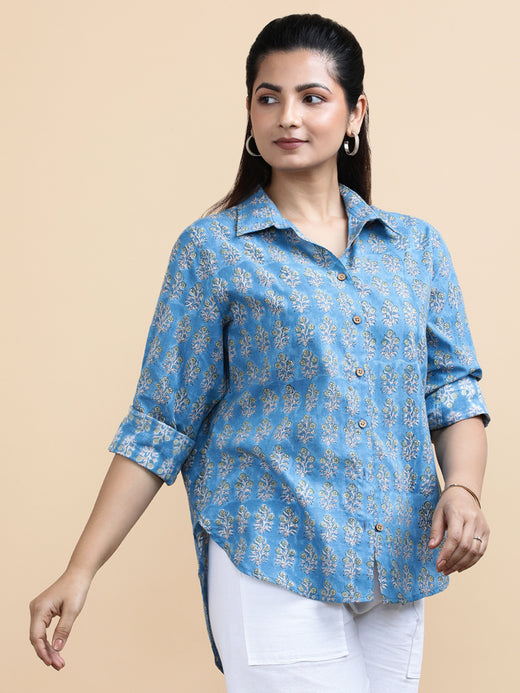 Julia x Soma | Relaxed Women's Shirt in Blue Garden Block Print Cotton