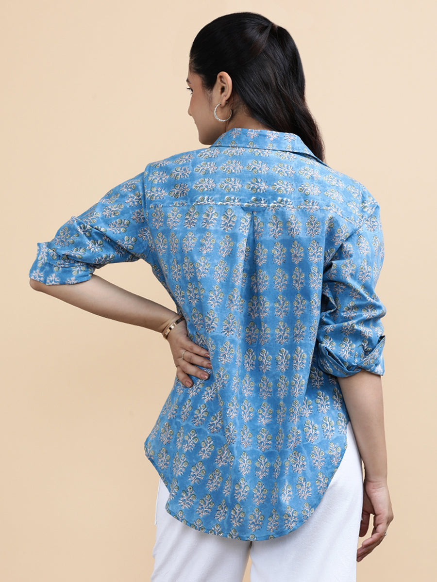 Julia x Soma Shirt, in Blue 100% Cotton, featuring full sleeves and regular collar neckline, made for daily & work (view 2).