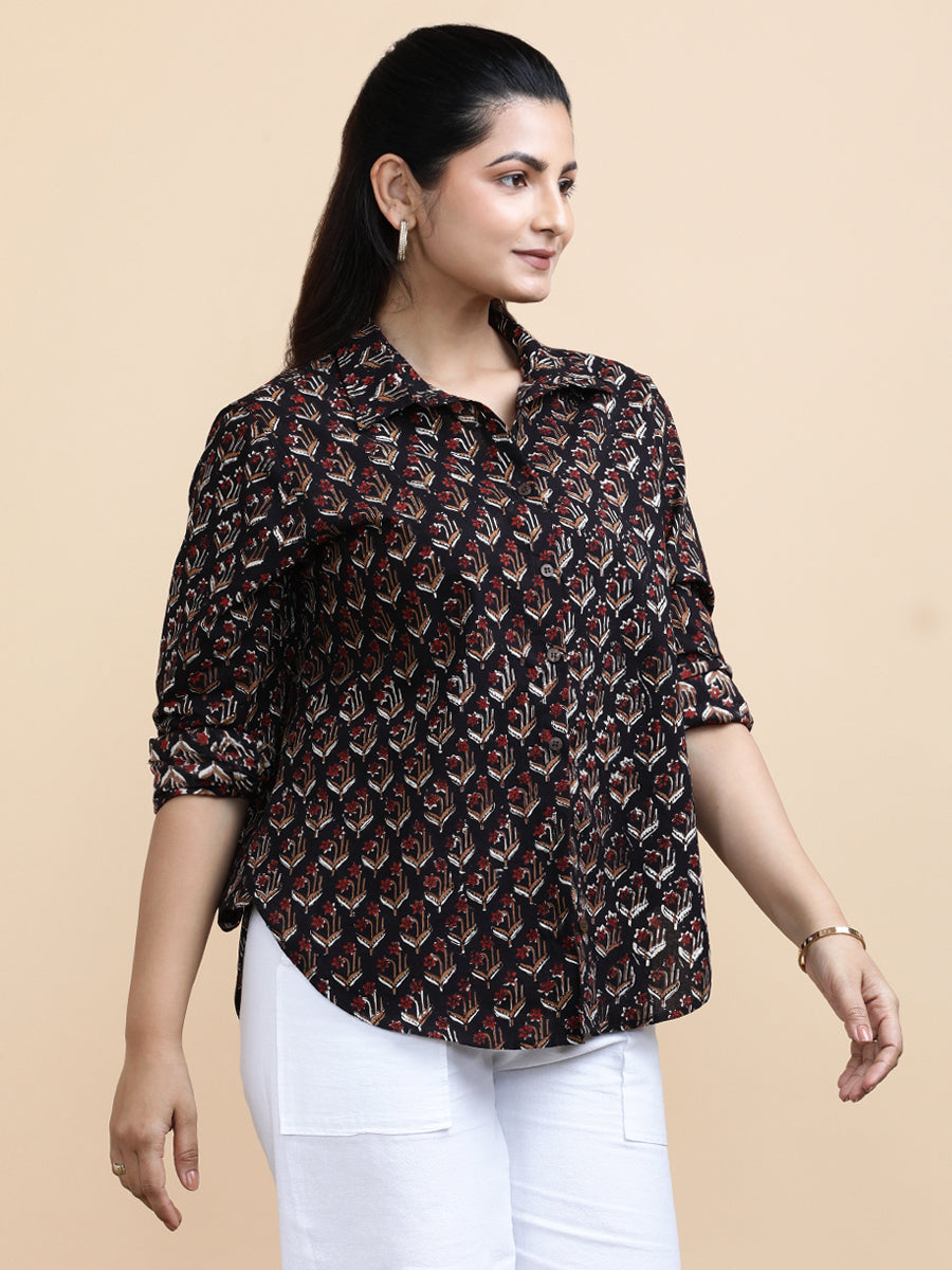 Lily x Soma Shirt, in Black 100% Cotton, featuring full sleeves and regular collar neckline, made for daily & work (view 4).