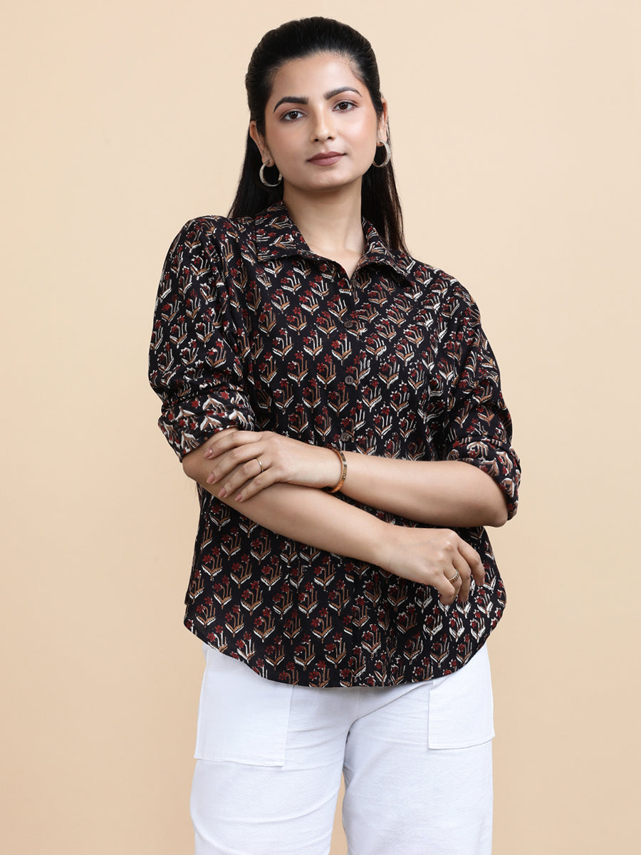Lily x Soma Shirt, in Black 100% Cotton, featuring full sleeves and regular collar neckline, made for daily & work (view 6).