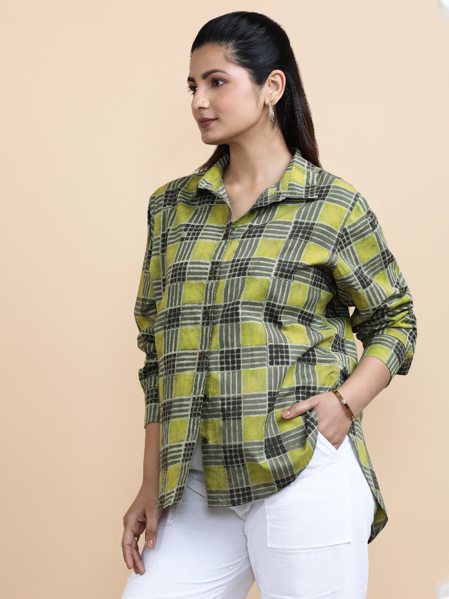 Luna x Soma Shirt, in Green 100% Cotton, featuring full sleeves and regular collar neckline, made for daily & work (view 3).