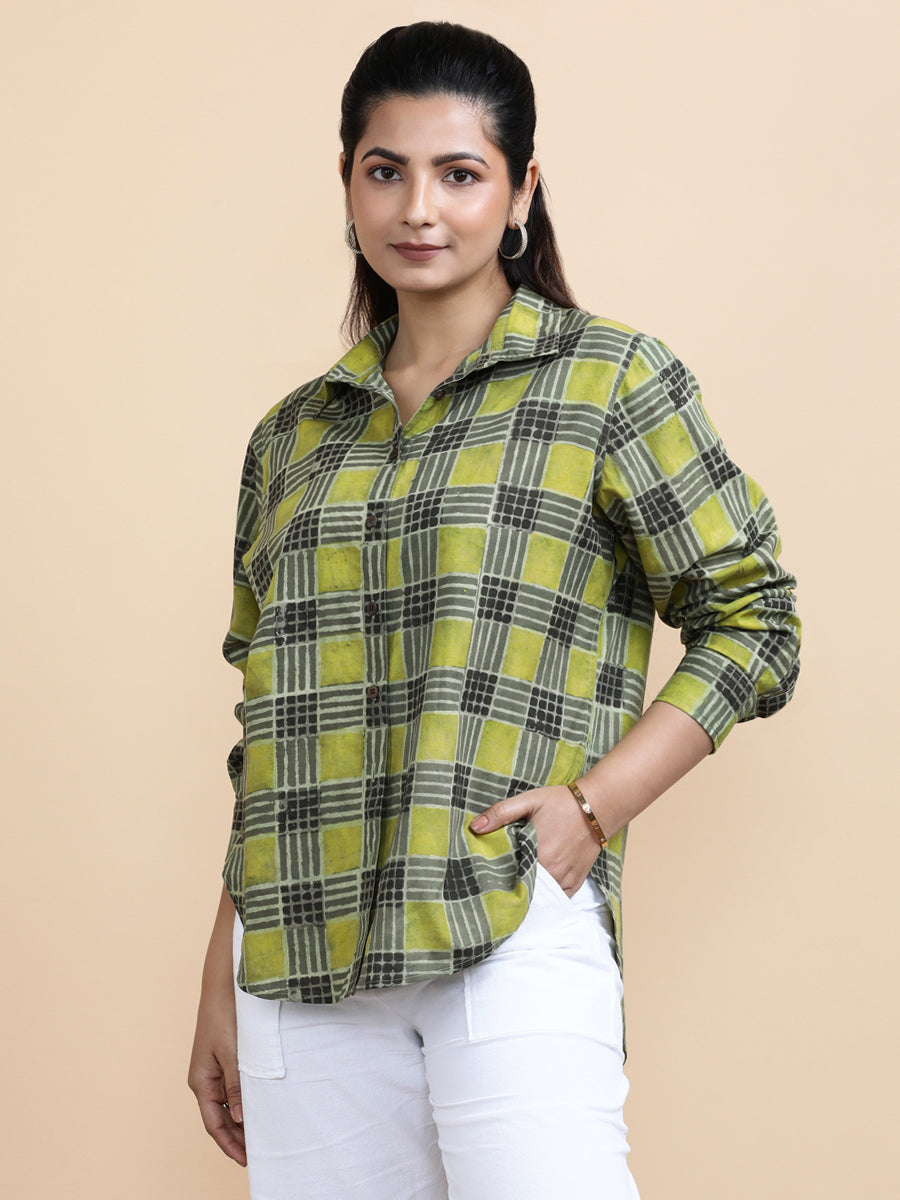 Luna x Soma Shirt, in Green 100% Cotton, featuring full sleeves and regular collar neckline, made for daily & work (view 5).