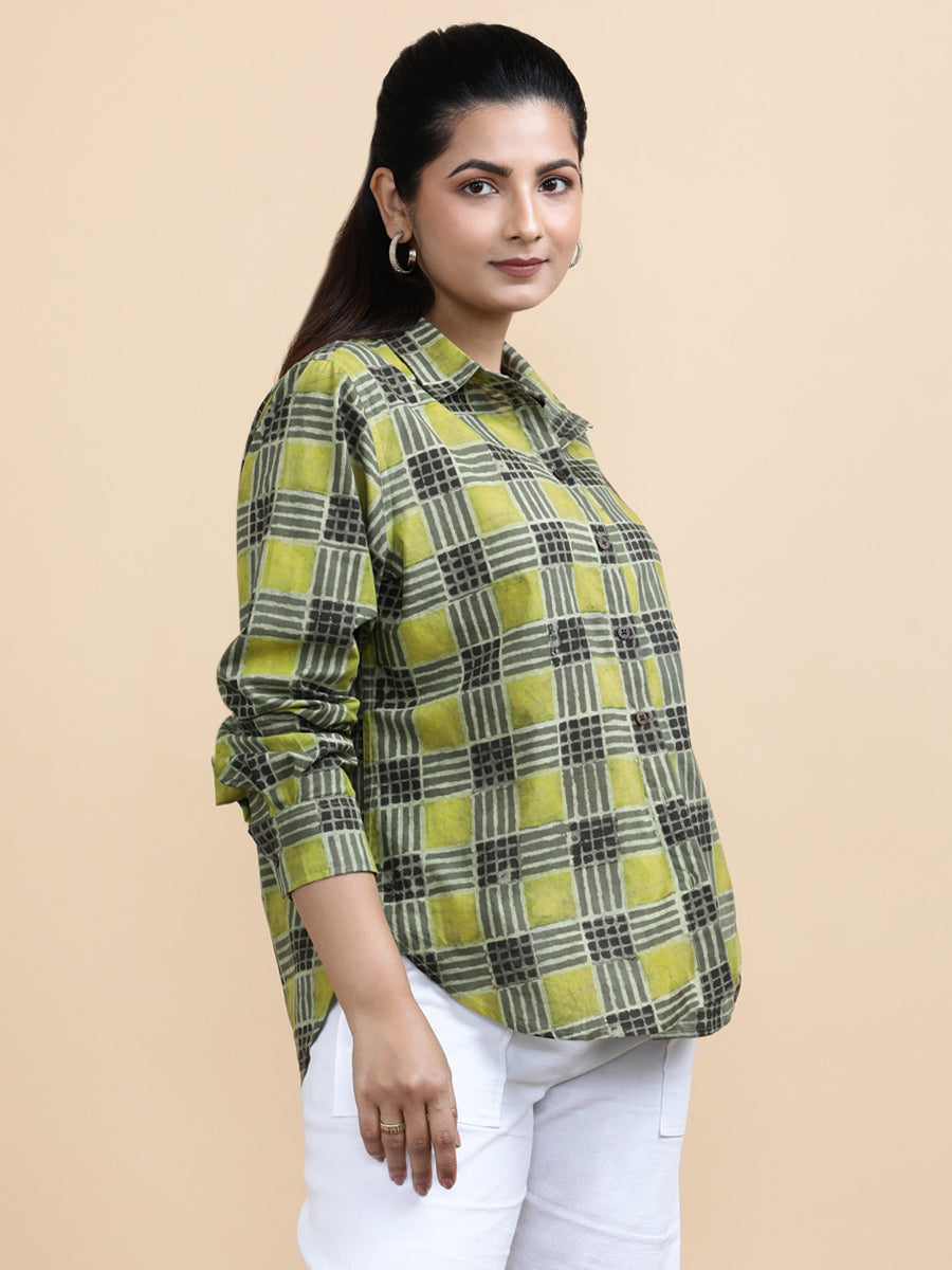 Luna x Soma Shirt, in Green 100% Cotton, featuring full sleeves and regular collar neckline, made for daily & work (view 6).