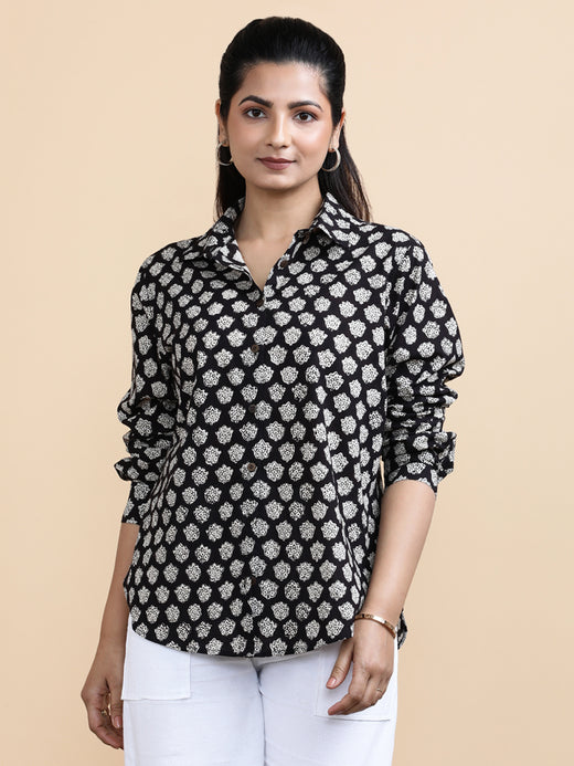 Naomi x Soma | Relaxed Women's Shirt in Black Floral Block Print Cotton
