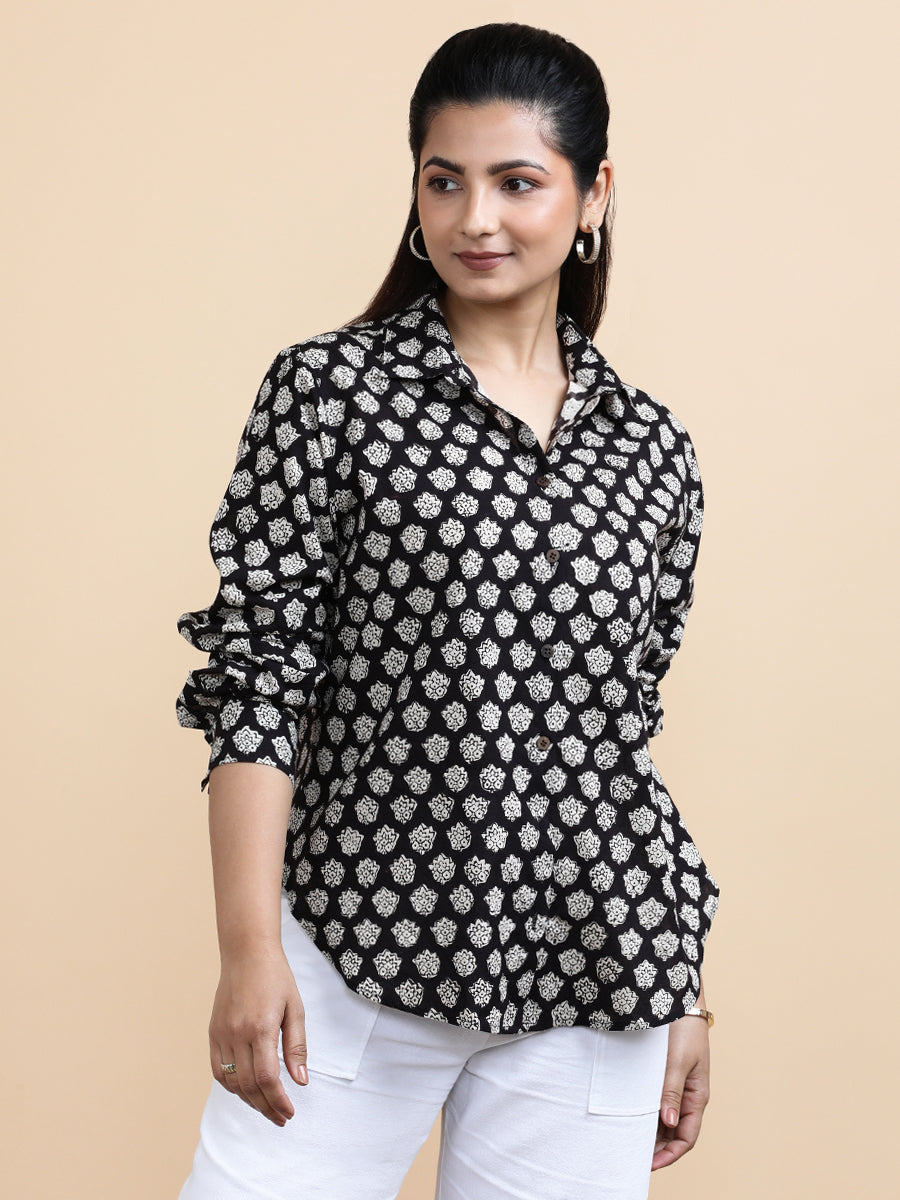 Naomi x Soma Shirt, in Black 100% Cotton, featuring full sleeves and regular collar neckline, made for daily & work (view 3).