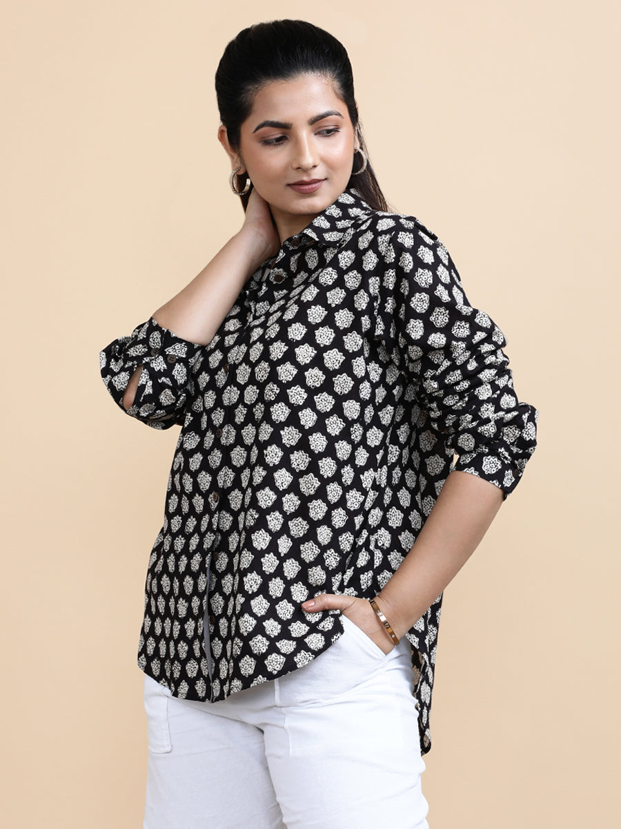 Naomi x Soma Shirt, in Black 100% Cotton, featuring full sleeves and regular collar neckline, made for daily & work (view 5).