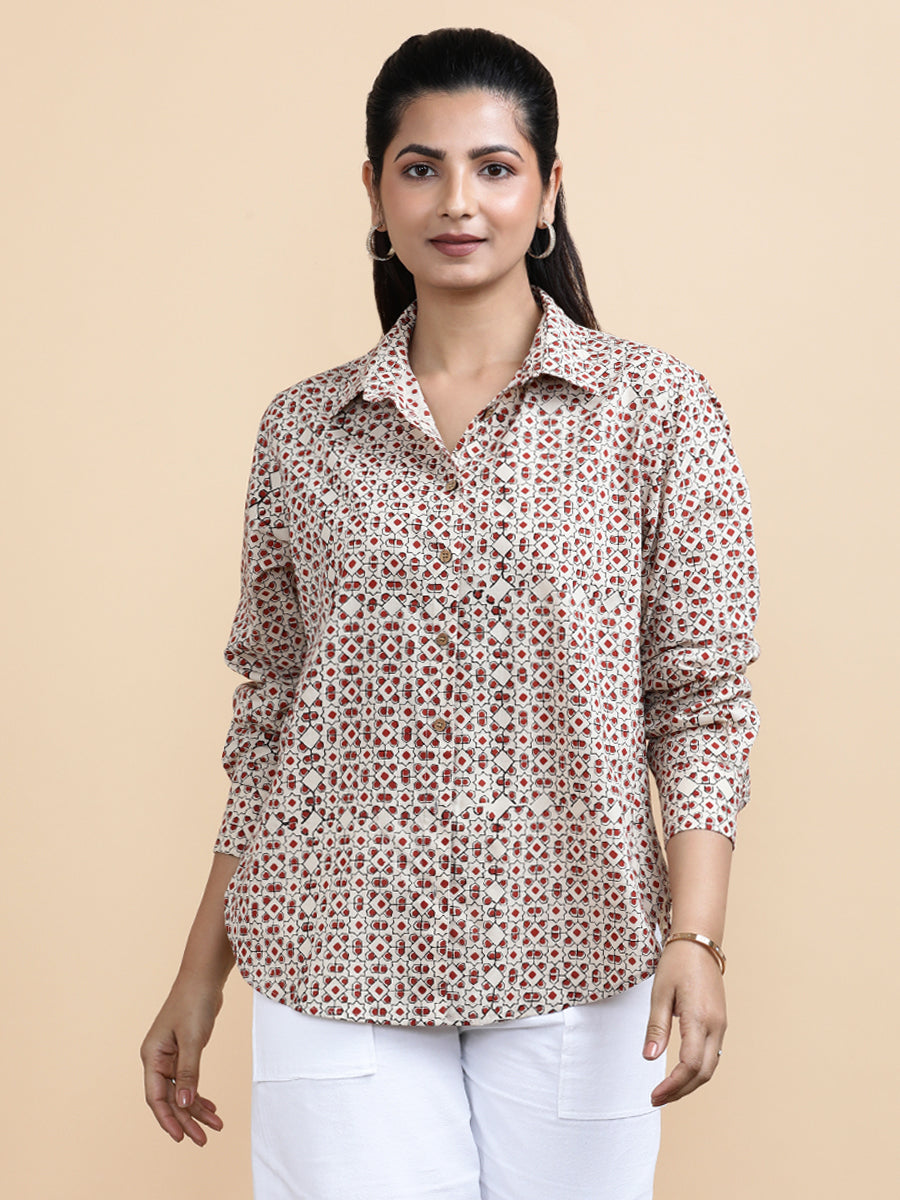 Talia x Soma Shirt, in Cream 100% Cotton, featuring full sleeves and regular collar neckline, made for daily & work (view 3).