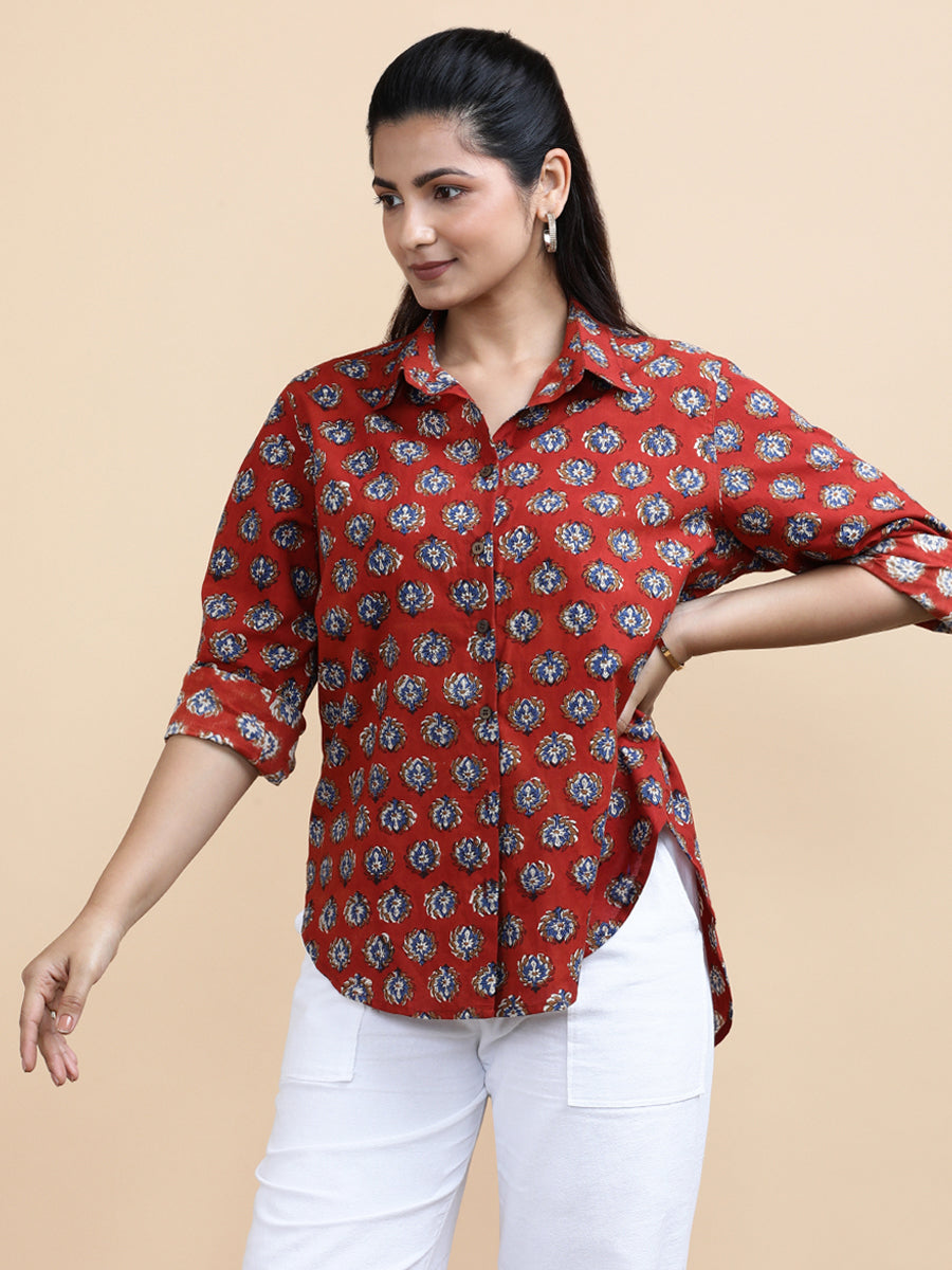 Vivienne x Soma Shirt, in Red 100% Cotton, featuring full sleeves and regular collar neckline, made for daily & work (view 5).