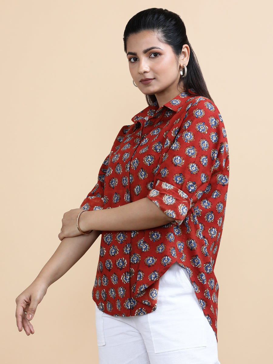 Vivienne x Soma Shirt, in Red 100% Cotton, featuring full sleeves and regular collar neckline, made for daily & work (view 7).