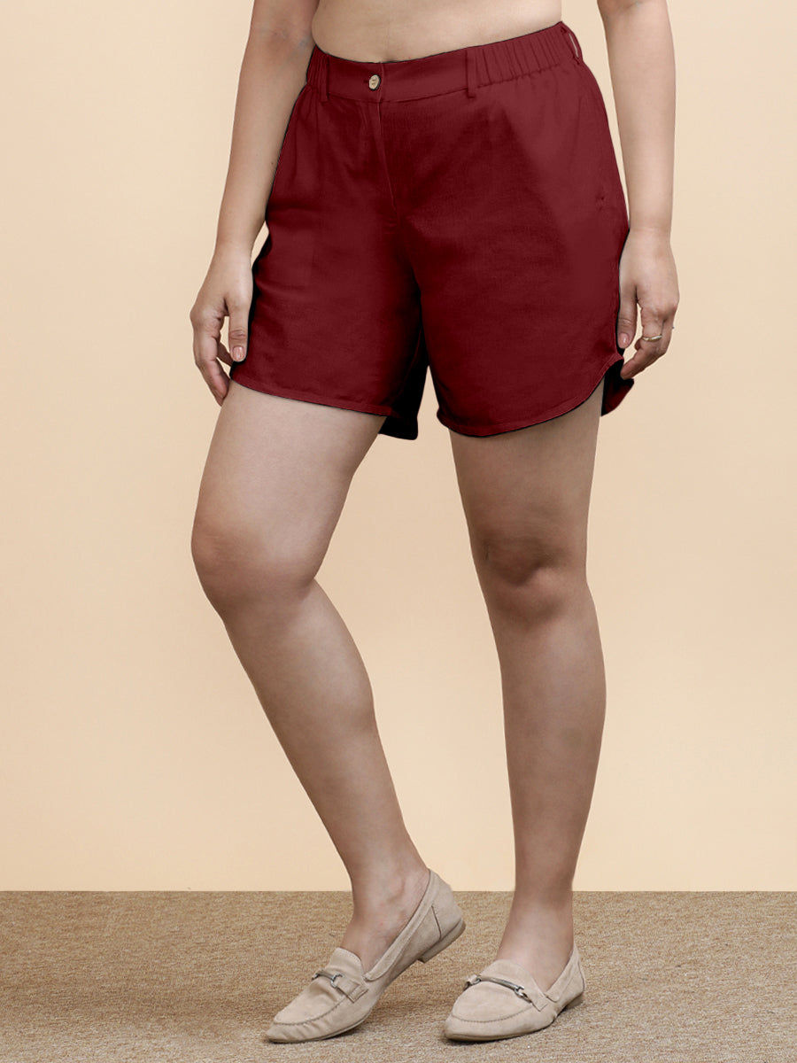 Daphne x Soma Shorts, in Red 70% Cotton 30% Linen, made for daily & work (view 3).