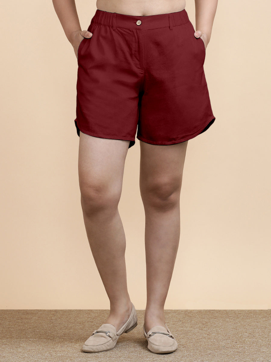 Daphne x Soma Shorts, in Red 70% Cotton 30% Linen, made for daily & work (view 4).