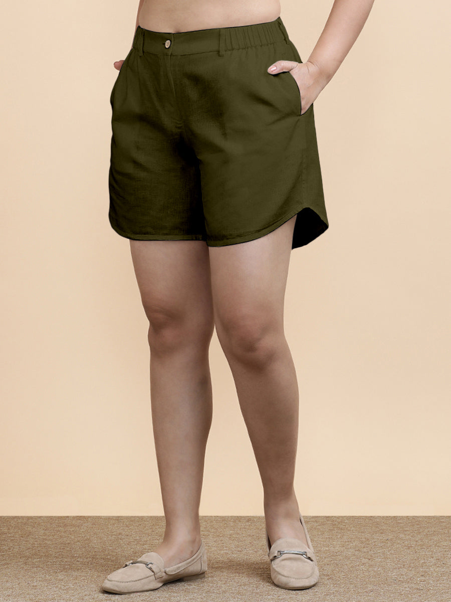 Daphne x Soma Shorts, in Green 70% Cotton 30% Linen, made for daily & work (view 5).