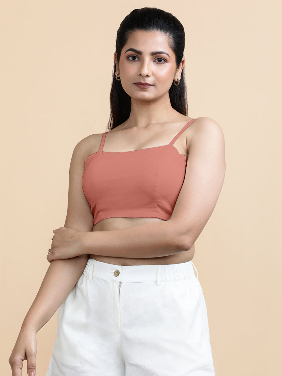 Cara x Soma Top, in Peach 100% Cotton, featuring sleeveless and shoulder straps neckline, made for daily & work (view 6).