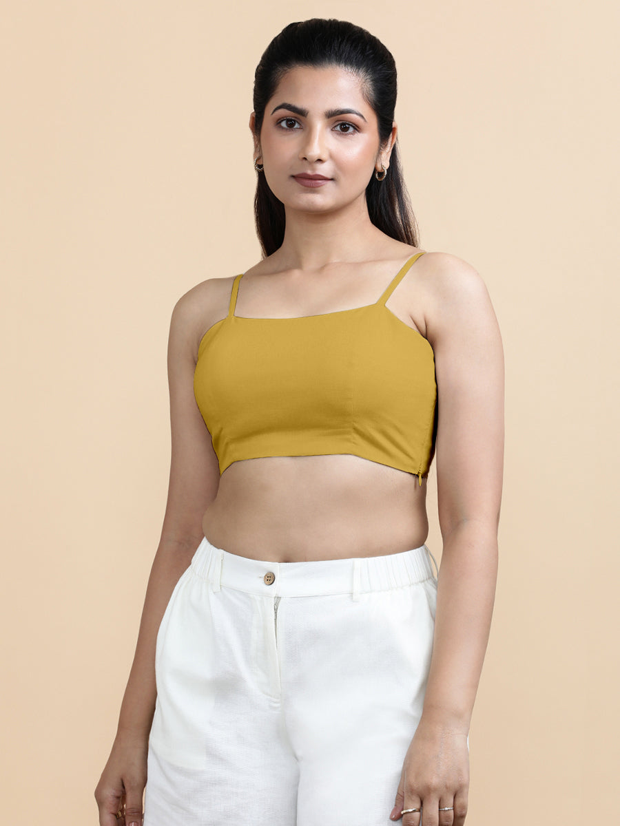 Cara x Soma Top, in Yellow 100% Cotton, featuring sleeveless and shoulder straps neckline, made for daily & work (view 5).