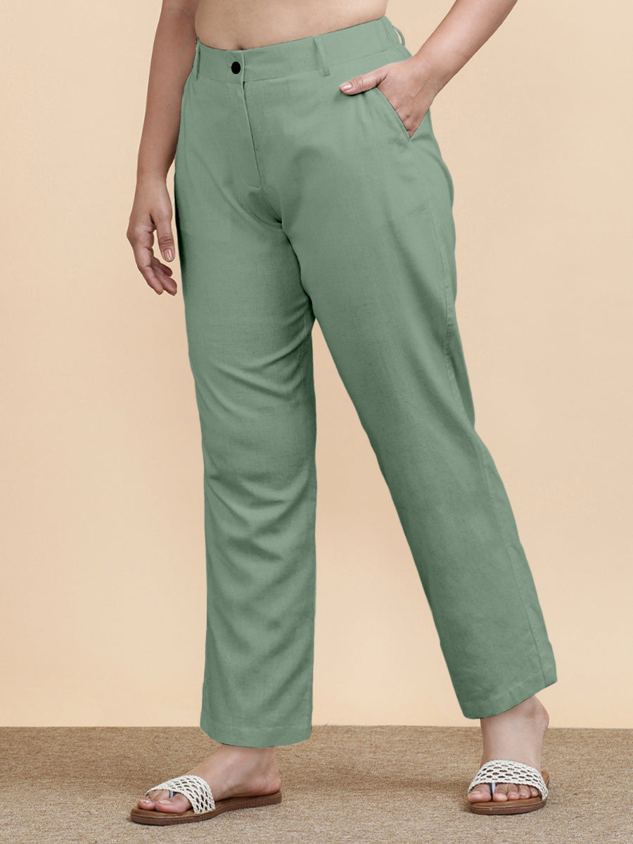 Laura x Soma Trouser, in Green 70% Cotton 30% Linen, made for daily & work (view 7).